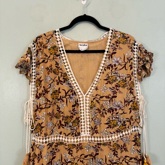 Arula Dress 2X Plus Brown Floral Shift V-Neck Ruffle Crochet Lace Tassels Boho - Picture 3 of 9